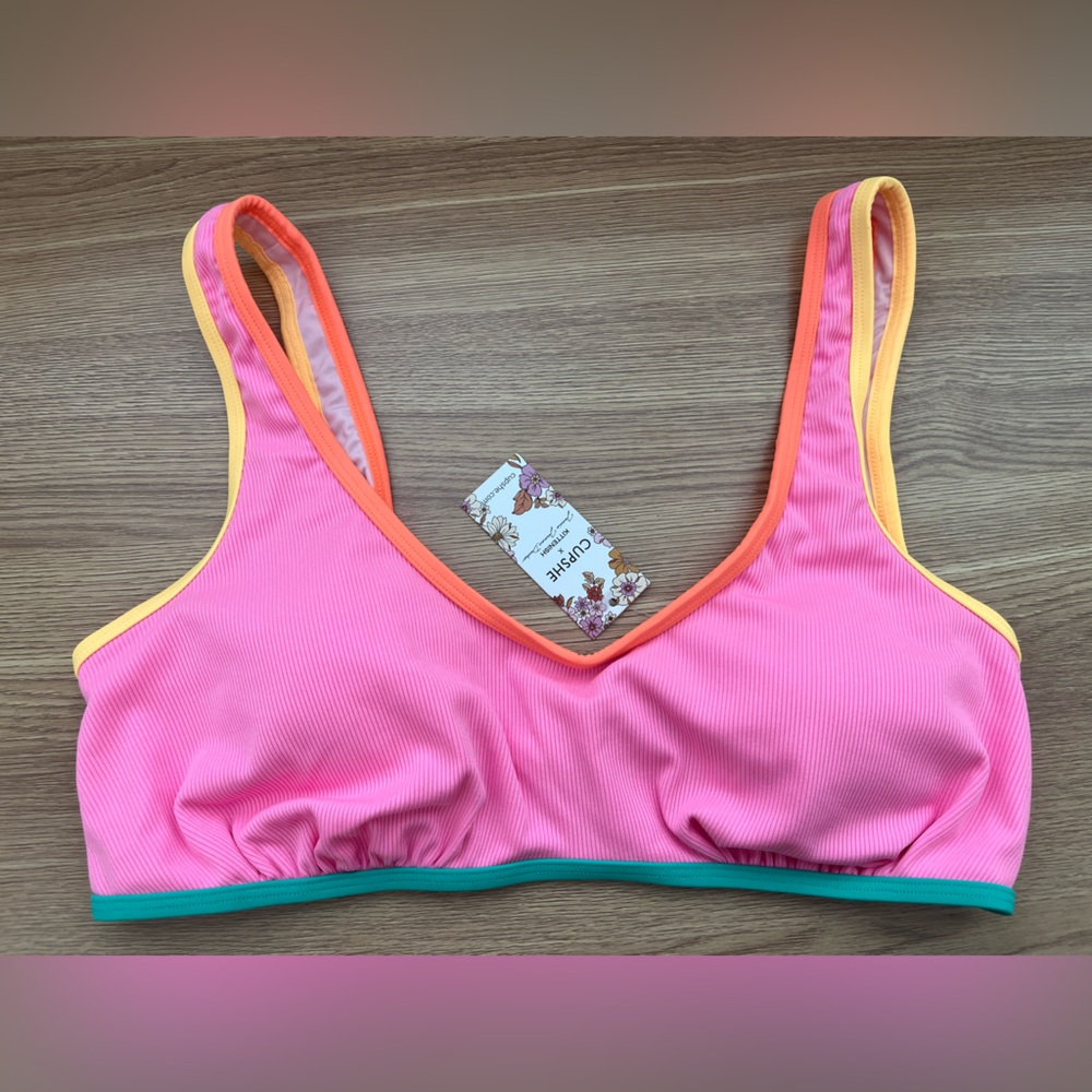 Cupshe x Kittenish Ribbed Bikini Top Pink Colorblock Swim Top Only Womens L NWT - Picture 2 of 6